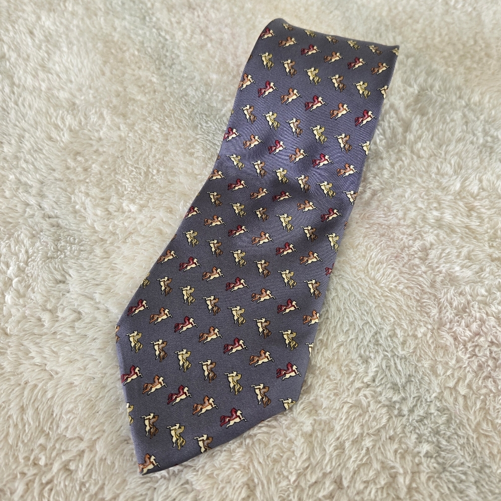 Salvatore Ferragamo Blue Tie with Horse Pattern 100% Silk PRICE FIRM
